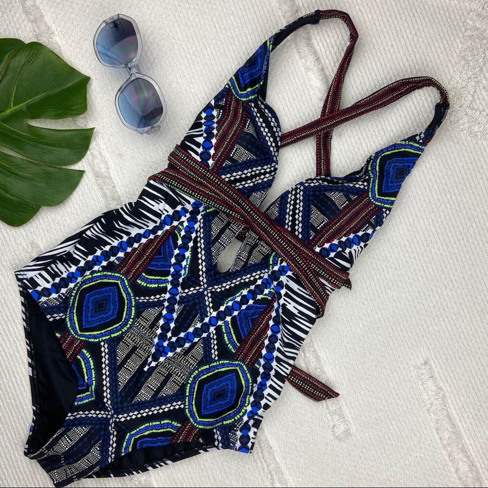 •Coastal Blue• Tribal Cross Front Full Swimsuit
